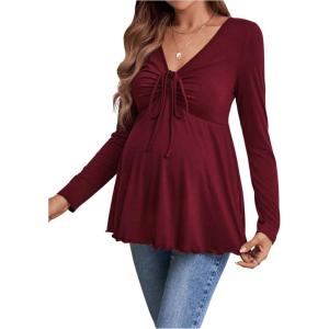 image:imageMakeMeChic Womens Maternity Shirts Mesh V Neck Tie Front Ruched Ruffle Long Sleeve Pregnancy TopsBurgundy