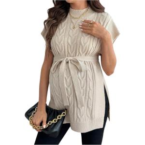 image:imageMakeMeChic Womens Maternity Sweater Cable Knit Mock Neck Cap Sleeve Split Pregnancy Pullover TopApricot