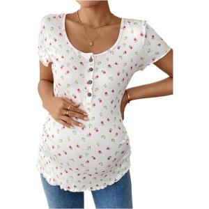 image:imageMakeMeChic Womens Maternity Tee Shirt Floral Scoop Neck Button Short Sleeve Pregnancy Nursing TeesWhite