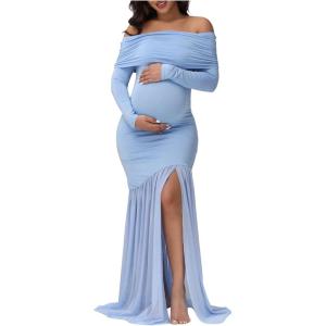 image:imageMakeMeChic Womens Off Shoulder Maternity Dress Long Sleeve Elegant Slim Gowns Photography Baby Shower Maxi DressBlue