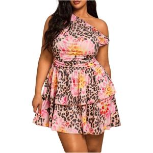 image:imageMakeMeChic Womens Plus Size Cocktail Dress Fall Asymmetrical Mini Dress Ruffle Party DressesMulticolor
