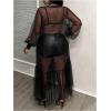image:imageMakeMeChic Womens Plus Size Mesh Sheer Long Sleeve Round Neck Ruffle A Line Long Dress Black 2XL