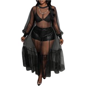 image:imageMakeMeChic Womens Plus Size Mesh Sheer Long Sleeve Round Neck Ruffle A Line Long Dress Black 2XL