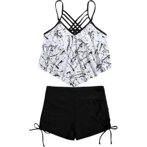 image:imageMakeMeChic Womens Tankini Set Hanky Hem Top Swim Shorts Bikini Set Swimsuit Bathing Suit Black and White XL