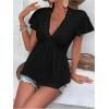 image:imageMakeMeChic Boho Tops V Neck T Shirts Lace Trim Short Sleeve Summer Tunic Top Flowy Casual BlousesBlack