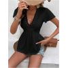 image:imageMakeMeChic Boho Tops V Neck T Shirts Lace Trim Short Sleeve Summer Tunic Top Flowy Casual BlousesBlack