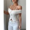 image:imageMakeMeChic Womens 3D Floral Textured Tee Shirt Off The Shoulder Elegant Summer Crop TopsApricot