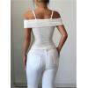 image:imageMakeMeChic Womens 3D Floral Textured Tee Shirt Off The Shoulder Elegant Summer Crop TopsApricot