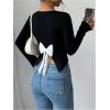 image:imageMakeMeChic Womens Bow Back Crew Neck Blouse Long Sleeve Work Office Dressy TopsBlack and White