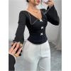 image:imageMakeMeChic Womens Bow V Neck T Shirt Collared Lettuce Trim Long Sleeve Going Out Crop TopsBlack