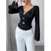 image:imageMakeMeChic Womens Bow V Neck T Shirt Collared Lettuce Trim Long Sleeve Going Out Crop TopsBlack