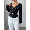 image:imageMakeMeChic Womens Bow V Neck T Shirt Collared Lettuce Trim Long Sleeve Going Out Crop TopsBlack
