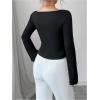 image:imageMakeMeChic Womens Bow V Neck T Shirt Collared Lettuce Trim Long Sleeve Going Out Crop TopsBlack