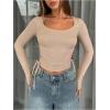 image:imageMakeMeChic Womens Crop Tops Scoop Neck Ruched Tie Side Drawstring Knit Y2k T Shirt Fall ClothesApricot