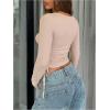 image:imageMakeMeChic Womens Crop Tops Scoop Neck Ruched Tie Side Drawstring Knit Y2k T Shirt Fall ClothesApricot