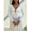 image:imageMakeMeChic Womens Deep V Neck Tee Tops Metal Floral Ruched Long Sleeve Work Office T ShirtWhite