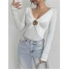 image:imageMakeMeChic Womens Deep V Neck Tee Tops Metal Floral Ruched Long Sleeve Work Office T ShirtWhite