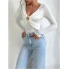 image:imageMakeMeChic Womens Deep V Neck Tee Tops Metal Floral Ruched Long Sleeve Work Office T ShirtWhite
