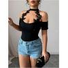 image:imageMakeMeChic Womens Elegant Floral Halter Neck T Shirt Cold Shoulder Short Sleeve Fitted Tee TopsBlack