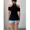 image:imageMakeMeChic Womens Elegant Floral Halter Neck T Shirt Cold Shoulder Short Sleeve Fitted Tee TopsBlack