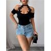 image:imageMakeMeChic Womens Elegant Floral Halter Neck T Shirt Cold Shoulder Short Sleeve Fitted Tee TopsBlack