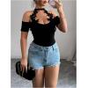image:imageMakeMeChic Womens Elegant Floral Halter Neck T Shirt Cold Shoulder Short Sleeve Fitted Tee TopsBlack