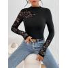 image:imageMakeMeChic Womens Floral Lace Long Sleeve Mock Neck Rib Knitted Asymmetrical Tee Shirt TopsBlack