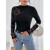 image:imageMakeMeChic Womens Floral Lace Long Sleeve Mock Neck Rib Knitted Asymmetrical Tee Shirt TopsBlack