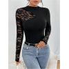 image:imageMakeMeChic Womens Floral Lace Long Sleeve Mock Neck Rib Knitted Asymmetrical Tee Shirt TopsBlack
