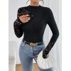 image:imageMakeMeChic Womens Floral Lace Long Sleeve Mock Neck Rib Knitted Asymmetrical Tee Shirt TopsBlack