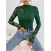 image:imageMakeMeChic Womens Floral Lace Long Sleeve Mock Neck Rib Knitted Asymmetrical Tee Shirt TopsDark Green
