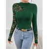 image:imageMakeMeChic Womens Floral Lace Long Sleeve Mock Neck Rib Knitted Asymmetrical Tee Shirt TopsDark Green