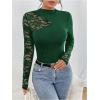 image:imageMakeMeChic Womens Floral Lace Long Sleeve Mock Neck Rib Knitted Asymmetrical Tee Shirt TopsDark Green