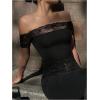 image:imageMakeMeChic Womens Floral Lace Off The Shoulder Crop Tops Short Sleeve Going Out T ShirtBlack