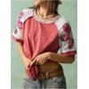 image:imageMakeMeChic Womens Floral Tee Top Crew Neck Short Sleeve Color Block Loose Summer T ShirtRed and White