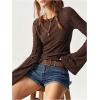 image:imageMakeMeChic Womens Lace Bell Sleeve T Shirt Crew Neck Textured Vintage Tee TopsBrown