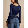 image:imageMakeMeChic Womens Lace Bell Sleeve Tops Asymmetrical Shirts Business Casual Outfit BlousesBlue