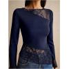 image:imageMakeMeChic Womens Lace Bell Sleeve Tops Asymmetrical Shirts Business Casual Outfit BlousesBlue