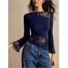 image:imageMakeMeChic Womens Lace Bell Sleeve Tops Asymmetrical Shirts Business Casual Outfit BlousesBlue
