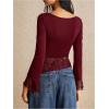 image:imageMakeMeChic Womens Lace Bell Sleeve Tops Asymmetrical Shirts Business Casual Outfit BlousesBurgundy