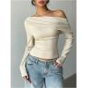 image:imageMakeMeChic Womens Long Sleeve Off The Shoulder Tops Going Out Asymmetrical Tops Y2kT ShirtApricot