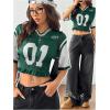 image:imageMakeMeChic Womens Number Graphic V Neck Jersey Shirts Short Sleeve Shirred Ruffle Streetwear Tee Crop TopsGreen
