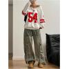 image:imageMakeMeChic Womens Number Print Oversized Sweatshirt V Neck Stripe Long Sleeve Y2k Pullovers TopRed