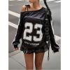 image:imageMakeMeChic Womens Off The Shoulder Jersey Shirt Number Print Long Sleeve Y2K Tee TopBlack