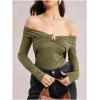image:imageMakeMeChic Womens Off The Shoulder T Shirt Ring Ruched Long Sleeve Going Out Crop TopsOlive Green