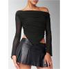 image:imageMakeMeChic Womens One Shoulder Ruched Asymmetrical Long Sleeve Y2K Tee Shirt Crop TopsBlack