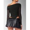 image:imageMakeMeChic Womens One Shoulder Ruched Asymmetrical Long Sleeve Y2K Tee Shirt Crop TopsBlack