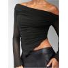 image:imageMakeMeChic Womens One Shoulder Ruched Asymmetrical Long Sleeve Y2K Tee Shirt Crop TopsBlack