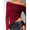 image:imageMakeMeChic Womens One Shoulder Ruched Asymmetrical Long Sleeve Y2K Tee Shirt Crop TopsBurgundy