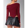 image:imageMakeMeChic Womens One Shoulder Ruched Asymmetrical Long Sleeve Y2K Tee Shirt Crop TopsBurgundy